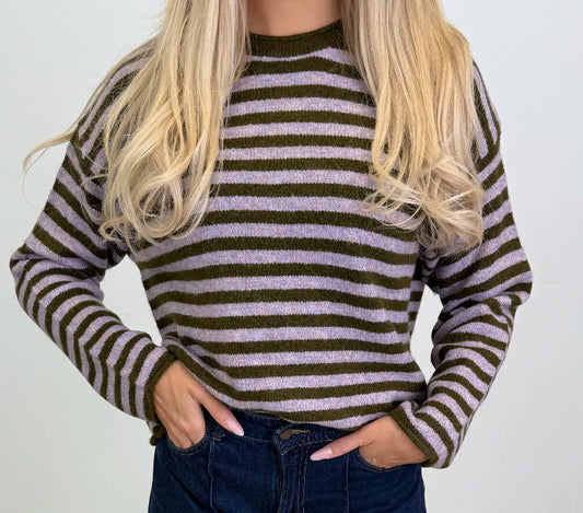 Zachte gestreepte khaki/lila trui π