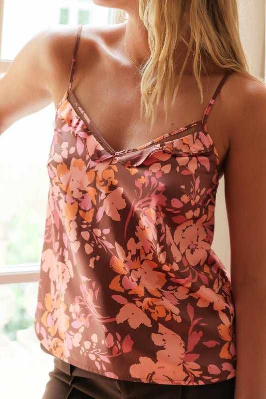 Topje met ruches & bloemenprint: Bruin/roze