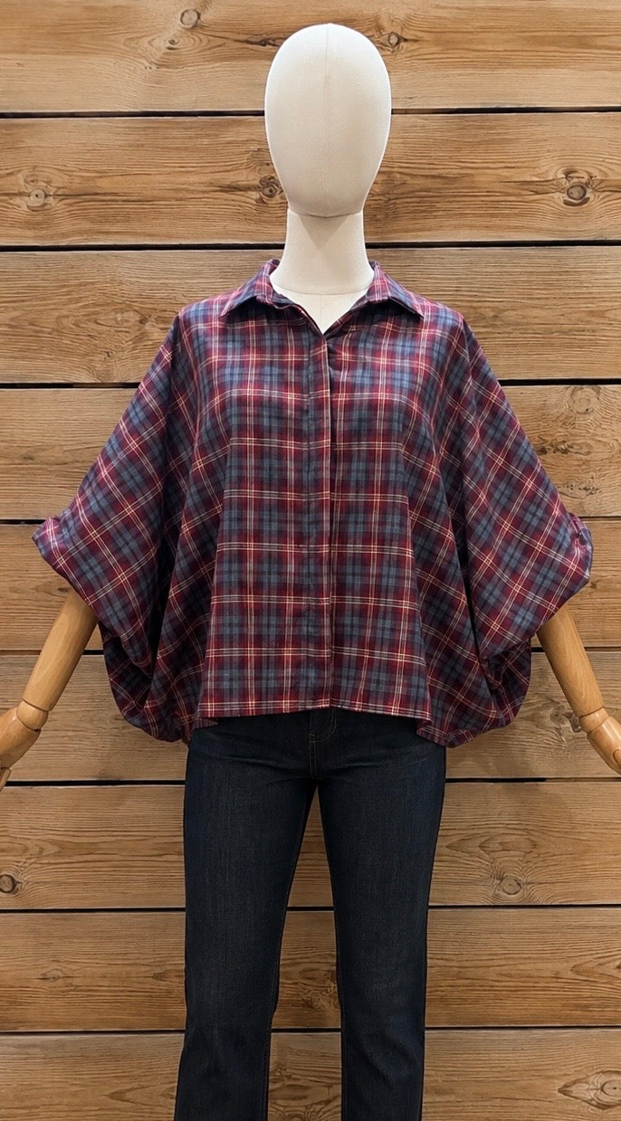 Geruite Blouse met Pofmouwen – Bordeaux tint 🍁