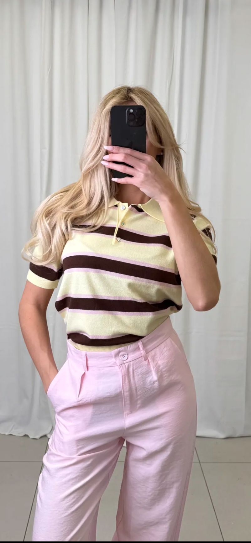 💛🤎 Trendy polo zacht gebreid met pastelaccenten (ook in roze/blauw strepen)