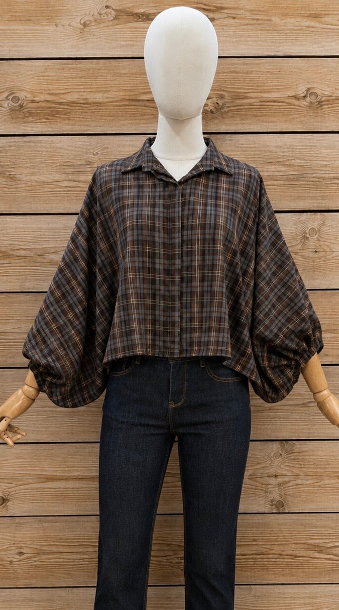 Geruite Blouse met Pofmouwen – Chocoladebruin