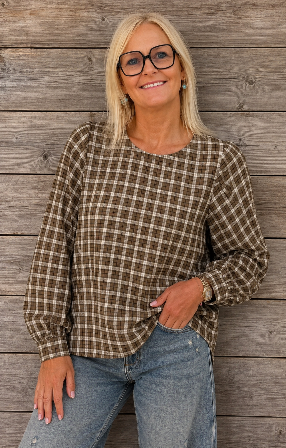 Bruin-beige geruite blouse
