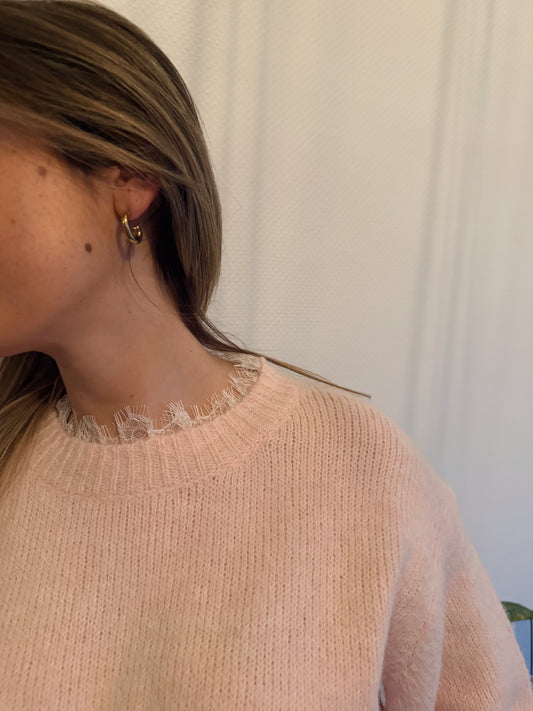 Roze trui met kanten kraag en boord