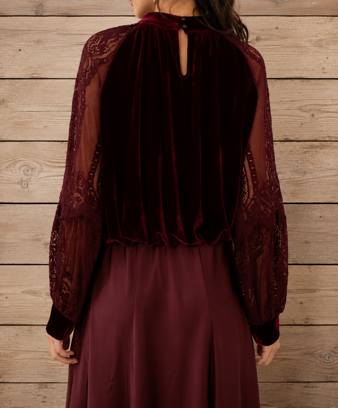 Fluwelen Blouse Bordeaux met Kanten Mouwen