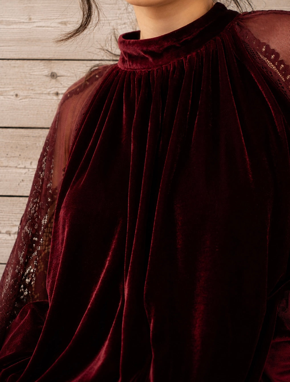 Fluwelen Blouse Bordeaux met Kanten Mouwen