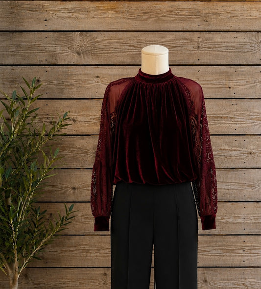 Fluwelen Blouse Bordeaux met Kanten Mouwen