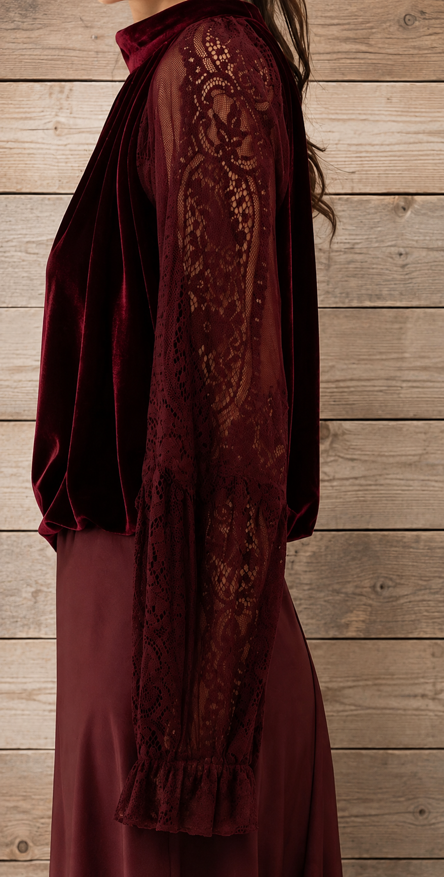 Fluwelen Blouse Bordeaux met Kanten Mouwen