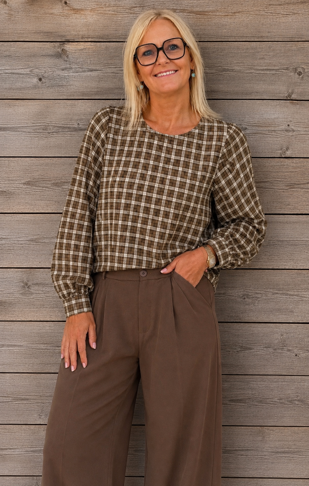 Bruin-beige geruite blouse