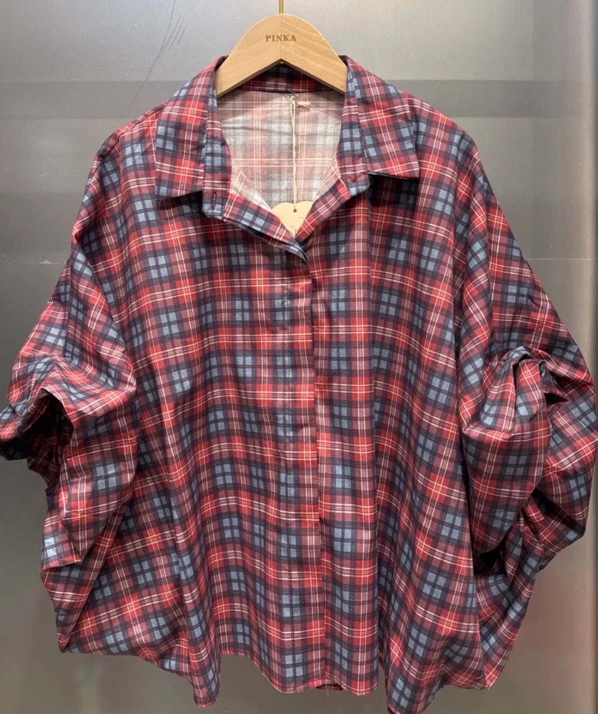 Bordeaux-blauw ruitjes hemd met Pofmouwen