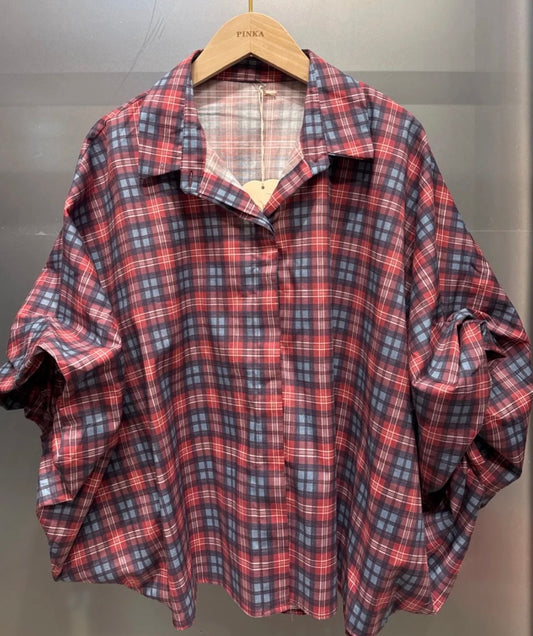 Bordeaux-blauw ruitjes hemd met Pofmouwen