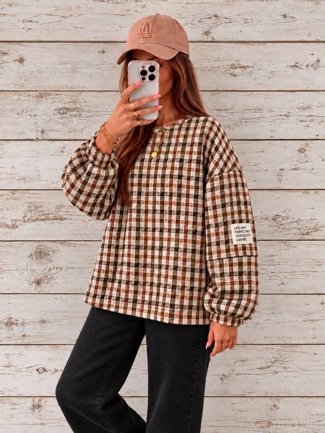 Oversized geruite sweater – Choco/Crème