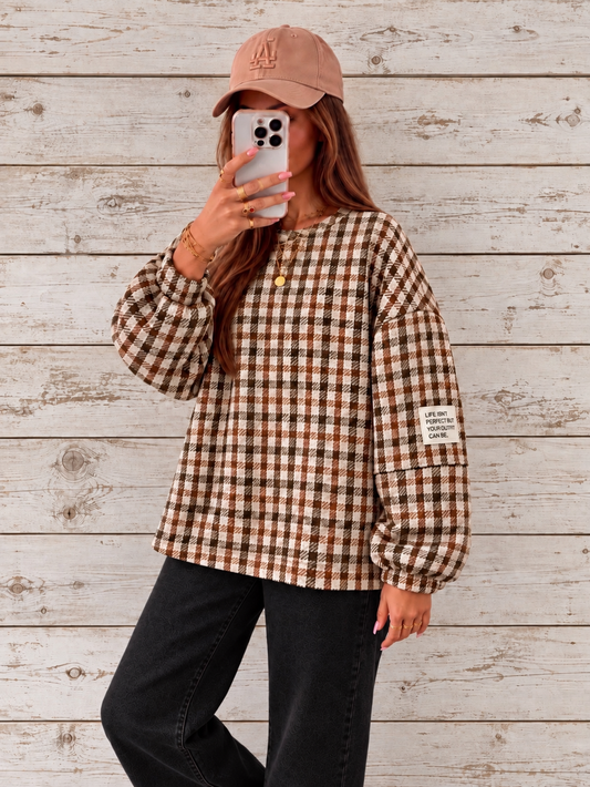 Oversized geruite sweater – Choco/Crème