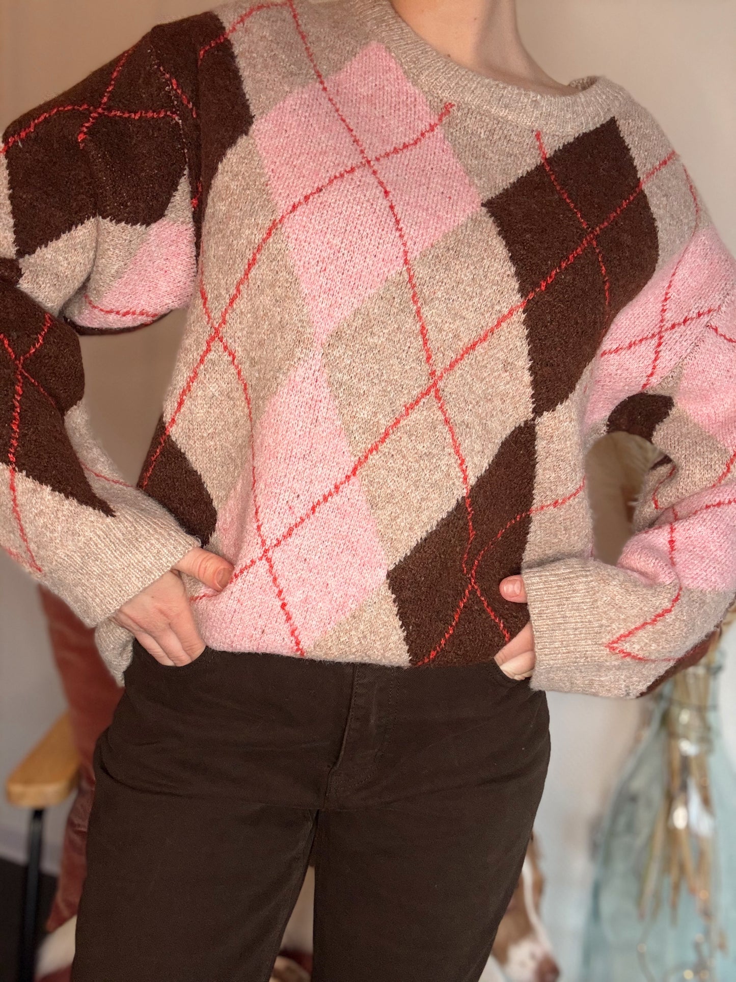 Trendy losse trui met ruitmotief